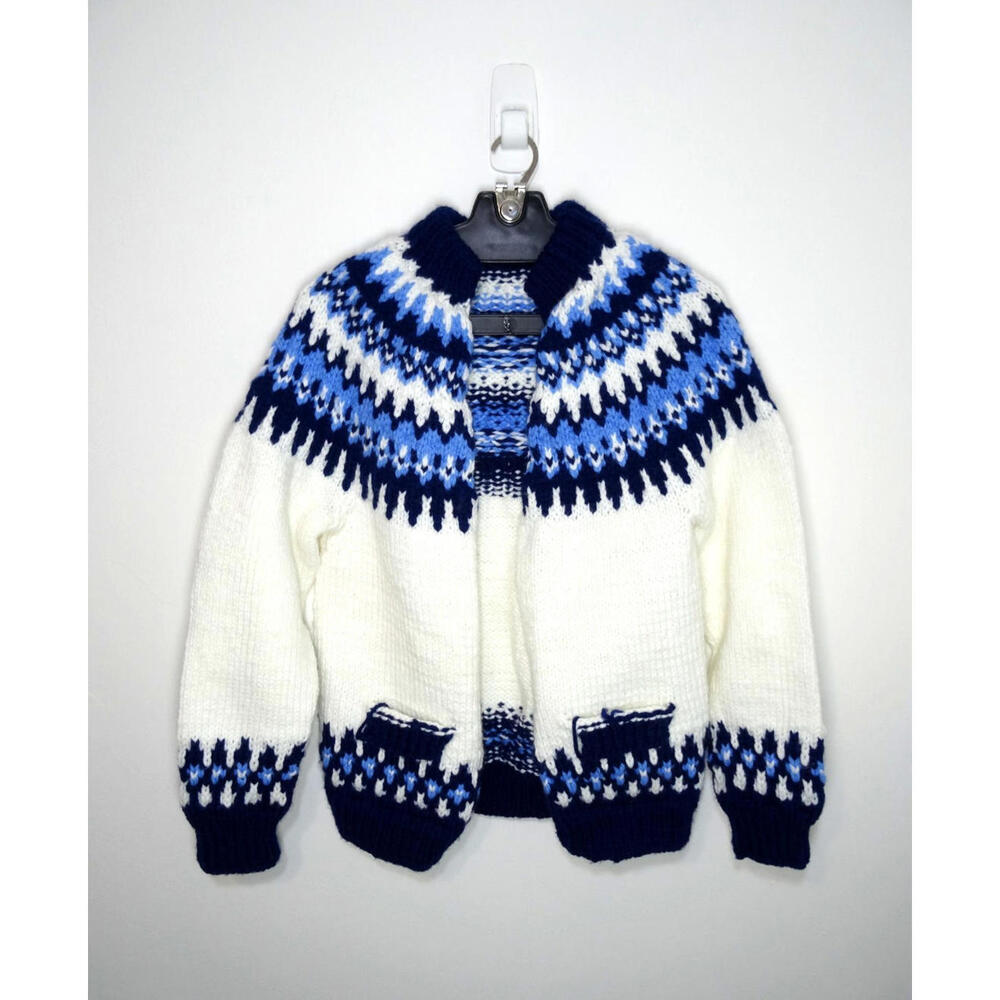 Vintage 60s Hand Knit Fair Isle Cardigan Women’s Small Nordic Wool Sweater